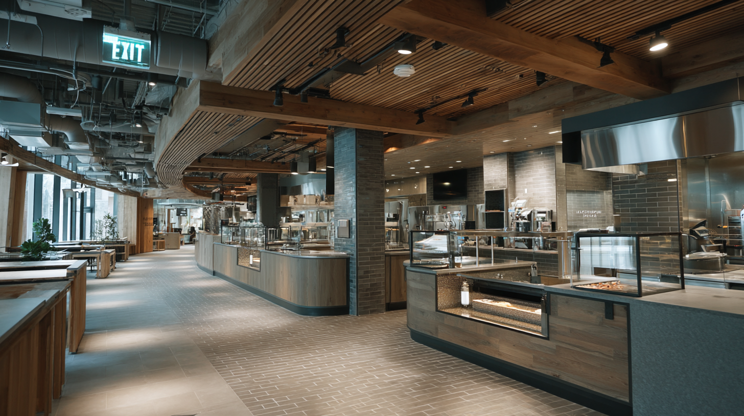 Modern food hall interior with open kitchens and warm wooden finishes